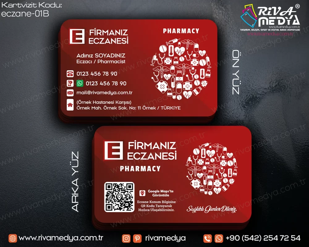 Eczane, Eczacı, Pharmacy, Pharmacist için hazırladığımız Sağlık İkonları ile Degrade Kırmızı Eczane Kartvizit örneğini en uygun fiyatlarla sunuyoruz!