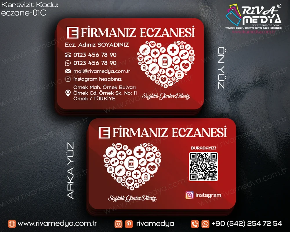 Eczane, Eczacı, Pharmacy, Pharmacist için hazırladığımız Kalpli Sağlık İkonları ile Degrade Kırmızı Eczane Kartvizit örneğini en uygun fiyatlarla sunuyoruz!